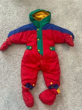 Vintage Swiss Alps Baby Red Colorblock Snowsuit with Hood